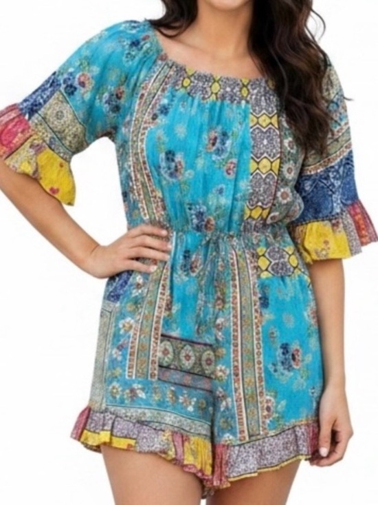 Ces Femme Pants - Ces Femme Romper BOHO rayon lightweight ruffle trim colorful | NWT
